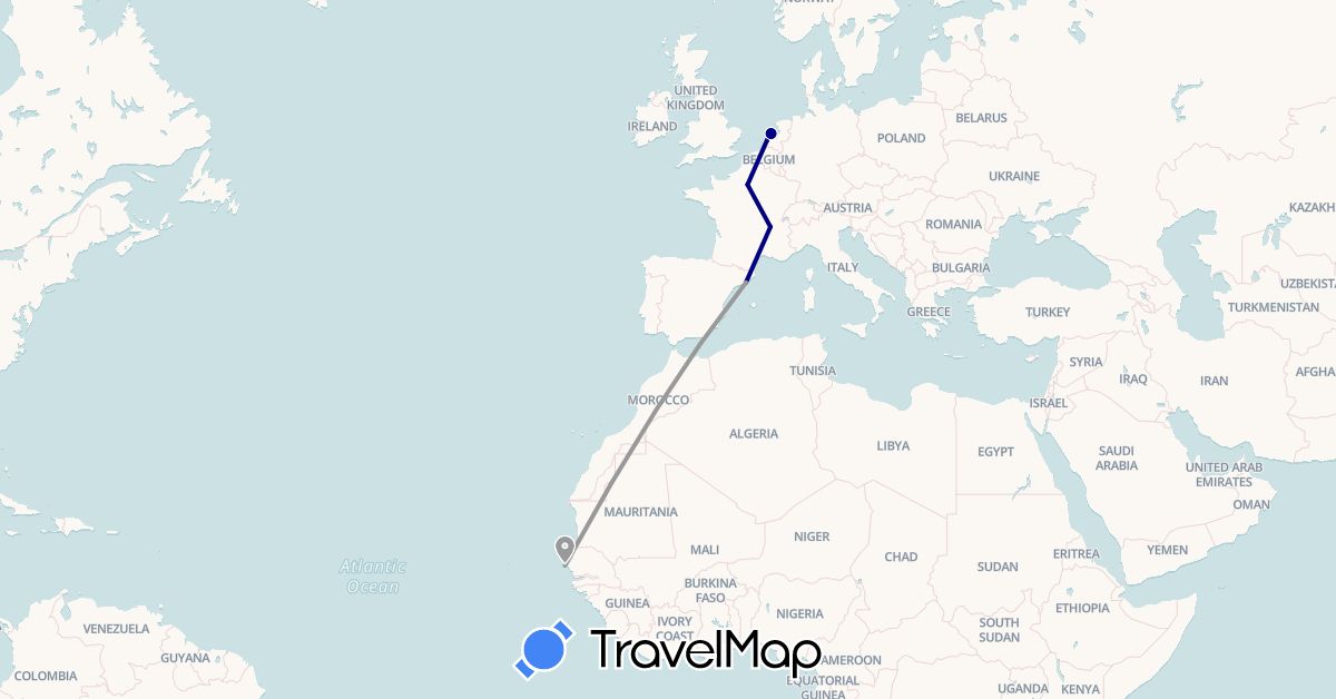 TravelMap itinerary: driving, plane in Spain, France, Netherlands, Senegal (Africa, Europe)